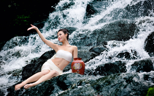 Woman bikini waterfall firehydrant figurative free wallpaper for desktop - medium preview image