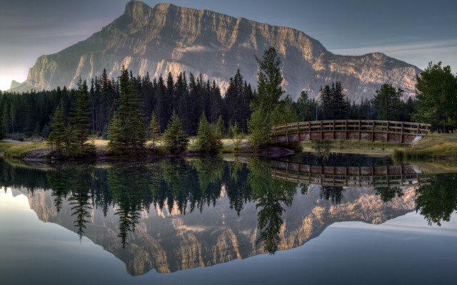 Lake mountain forest bridge sky free wallpaper for desktop - medium preview image