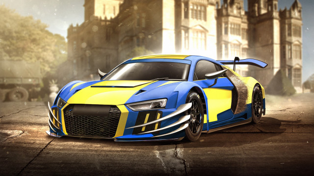 Blue yellow sports car castle free wallpaper for desktop - medium preview image
