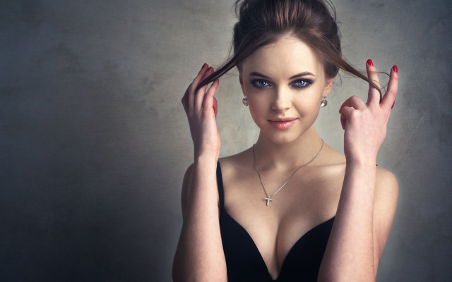 Woman black dress necklace hair free wallpaper for desktop - medium preview image