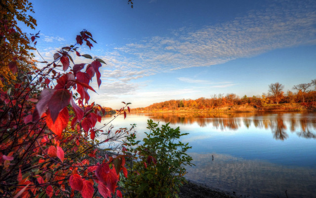 Lake trees clouds autumn bridge free wallpaper for desktop - medium preview image