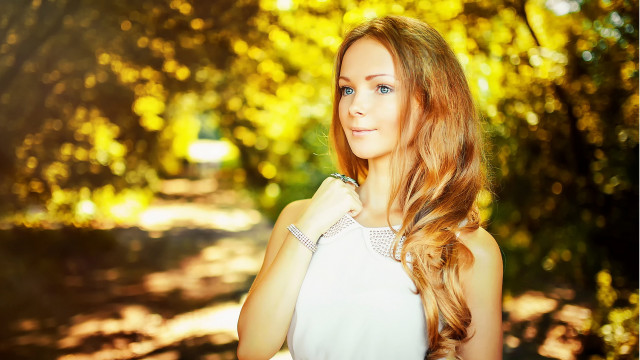 Red haired woman forest autumn free wallpaper for desktop - medium preview image