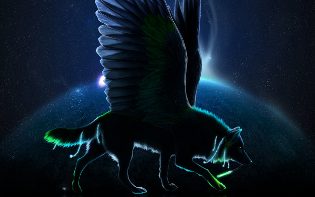 Wolf wings planet night glowing free wallpaper for desktop - medium preview image