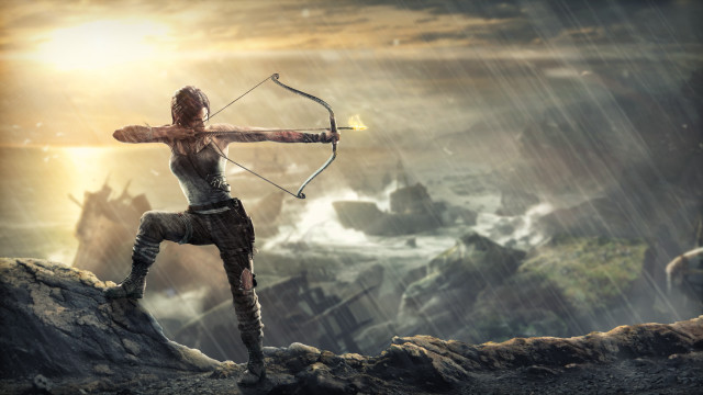 Woman bow archer rock rain free wallpaper for desktop - medium preview image