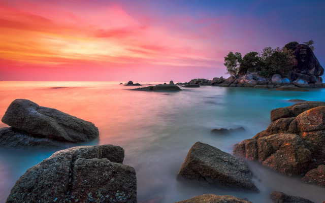 Colorful sunset rocky beach island free wallpaper for desktop - medium preview image