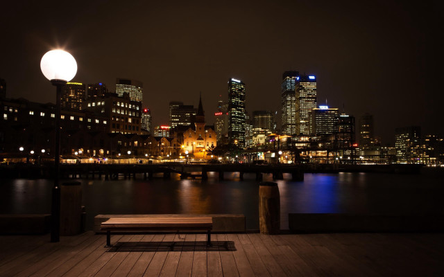 Cityscape night moon reflection woodenbench free wallpaper for desktop - medium preview image