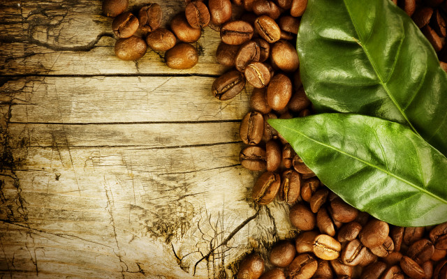 Wooden table coffee beans leaf free wallpaper for desktop - medium preview image