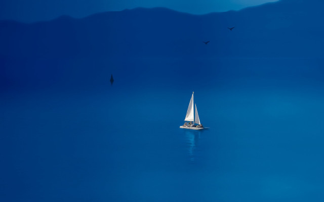 Sailboat water birds mountains blue free wallpaper for desktop - medium preview image