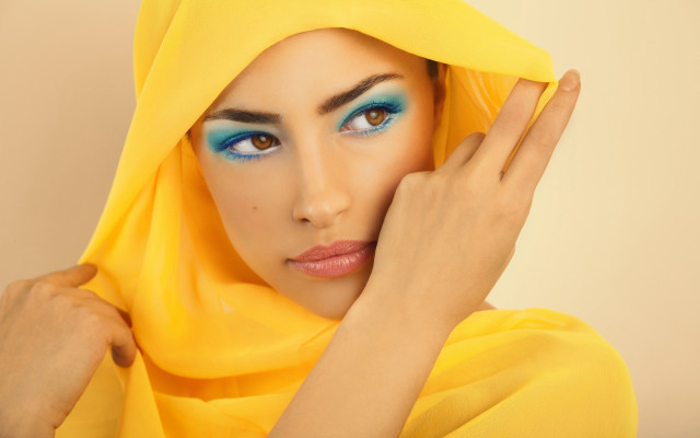 Woman blueeyes yellowheadscarf photorealistic art free wallpaper for desktop - medium preview image