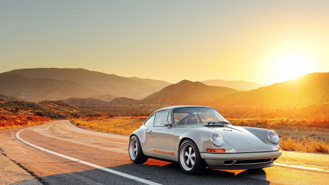Silver porsche desert sunset mountains free wallpaper for desktop - medium preview image