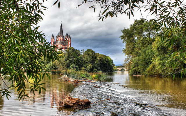 River castle trees cloudy sky free wallpaper for desktop - medium preview image