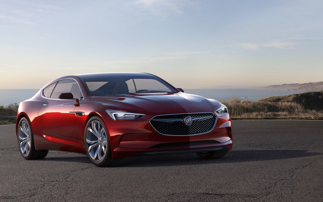 Red car ocean mountains blue free wallpaper for desktop - medium preview image