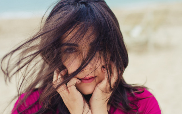 Beach woman longhair wind portrait free wallpaper for desktop - medium preview image