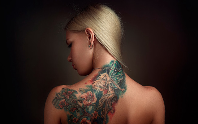 Woman back neck tattoo bun free wallpaper for desktop - medium preview image