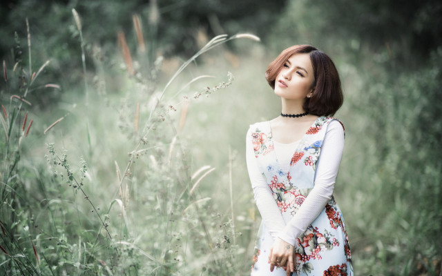 Woman field blurry nature portrait free wallpaper for desktop - medium preview image