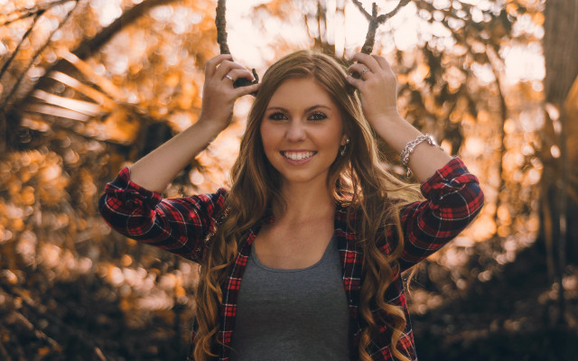 Woman longhair plaidshirt smiling woods free wallpaper for desktop - medium preview image