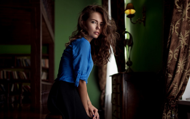 Woman blue shirt bookcase window free wallpaper for desktop - medium preview image