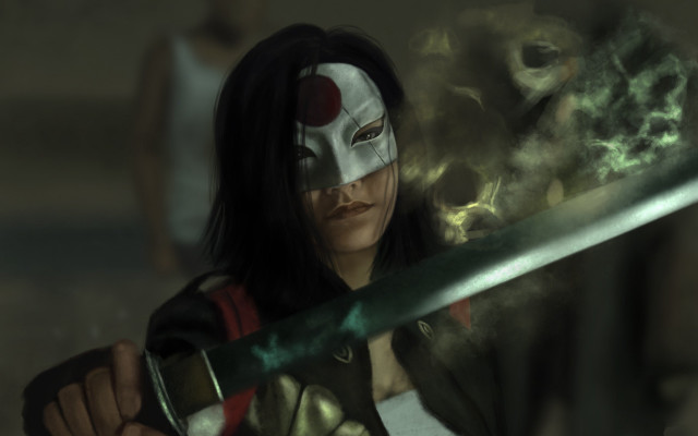 Woman sword mask smokey background free wallpaper for desktop - medium preview image