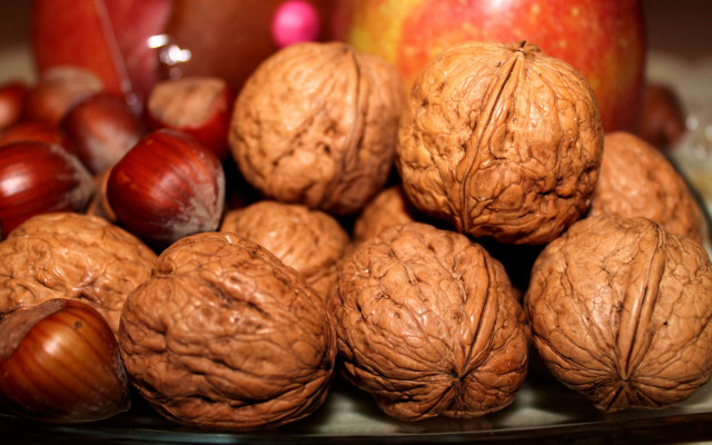 Nuts apple tablecloth glassbowl shallowdepth free wallpaper for desktop - medium preview image