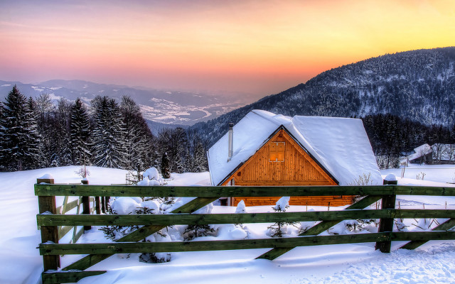 Snowy mountain cabin sunset forest free wallpaper for desktop - medium preview image