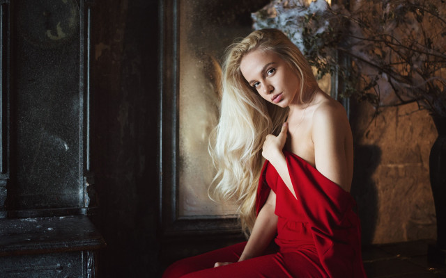 Woman red dress window flowers free wallpaper for desktop - medium preview image