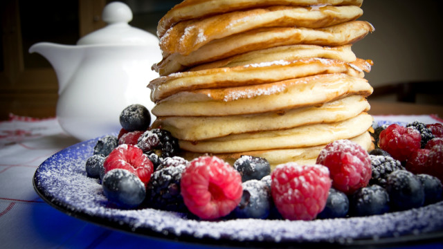 Pancakes berries powdered sugar teapot free wallpaper for desktop - medium preview image