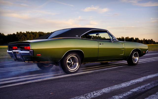 Green muscle car smoke road free wallpaper for desktop - medium preview image