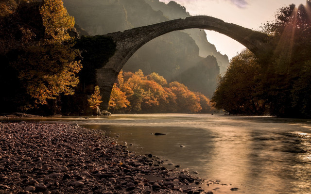 Stone bridge river mountain autumn free wallpaper for desktop - medium preview image