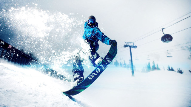 Snowboarder trick ski lift holography free wallpaper for desktop - medium preview image