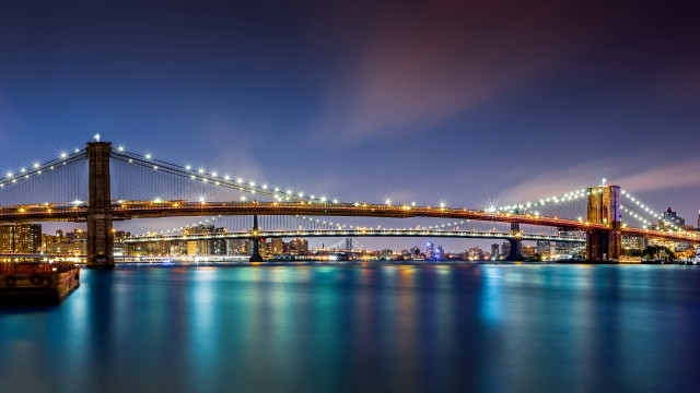 Bridge city night lights reflection free wallpaper for desktop - medium preview image