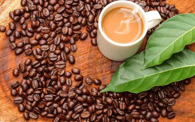 Coffee beans leaf wooden table free wallpaper for desktop - medium preview image