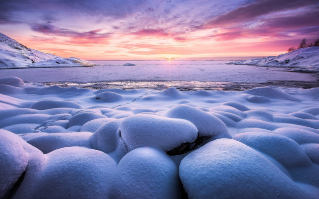 Sunset frozen lake snow rocks free wallpaper for desktop - medium preview image