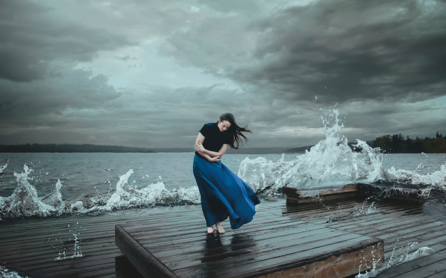 Woman dock stormy waterfront surreal free wallpaper for desktop - medium preview image