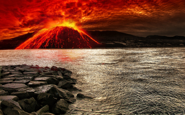 Volcano orange water shore matte free wallpaper for desktop - medium preview image