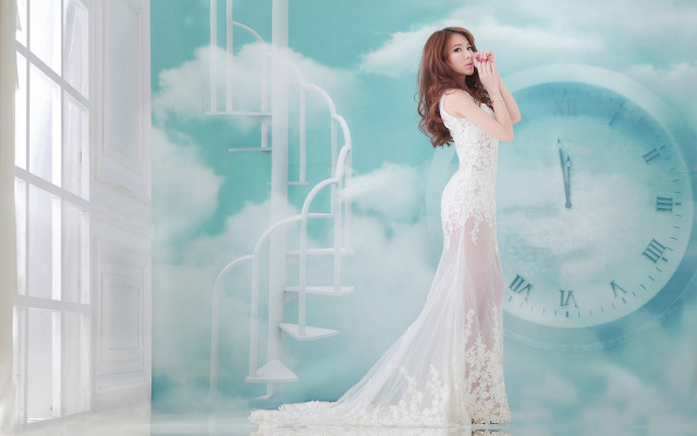 Woman white dress clock wall free wallpaper for desktop - medium preview image
