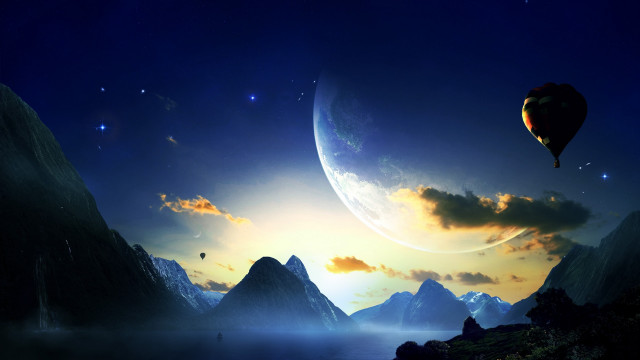 Hot air balloon moonlit mountains free wallpaper for desktop - medium preview image
