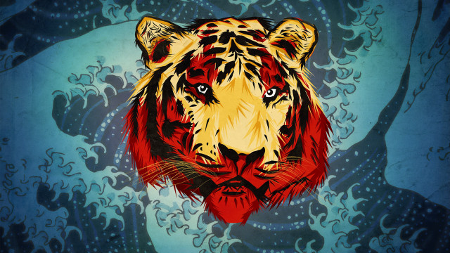 Tiger head painting waves blue free wallpaper for desktop - medium preview image