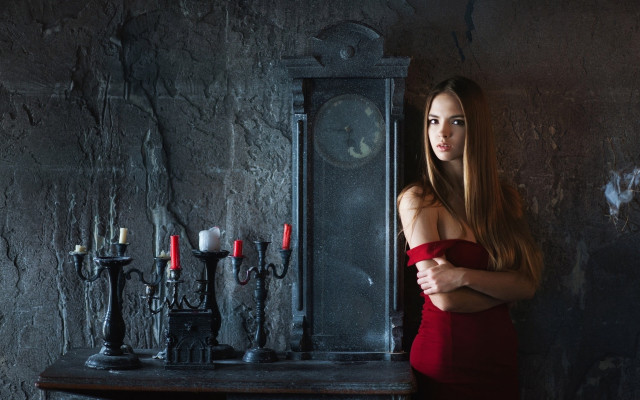 Woman red dress clock candles free wallpaper for desktop - medium preview image