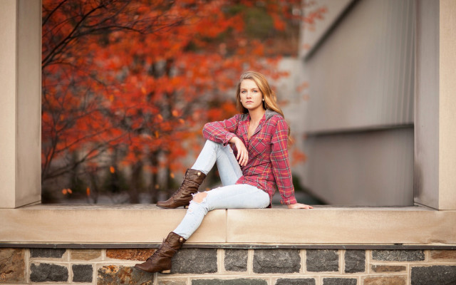 Woman sitting bootjeans autumn blonde free wallpaper for desktop - medium preview image