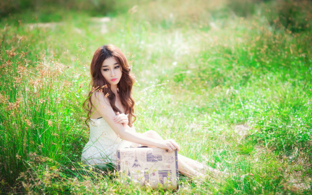 Woman field suitcase brown eyes free wallpaper for desktop - medium preview image