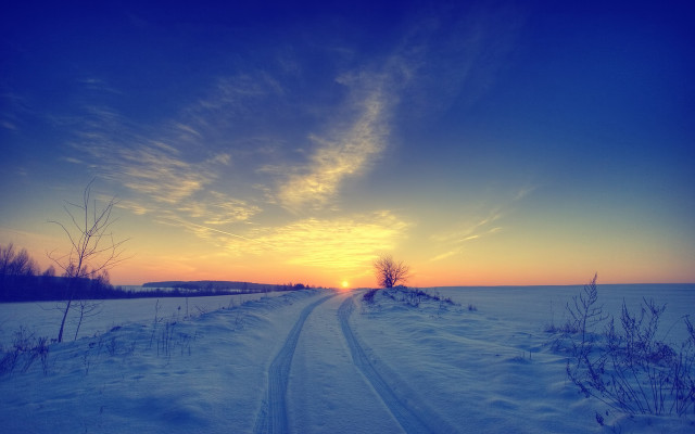 Snowy road sunset mountains trees free wallpaper for desktop - medium preview image