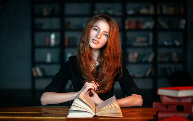 Woman sitting book reading library free wallpaper for desktop - medium preview image