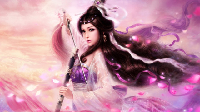 Woman sword pink flower bubbles free wallpaper for desktop - medium preview image