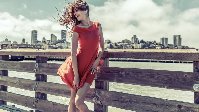 Woman red dress fence water #2 free wallpaper for desktop - medium preview image