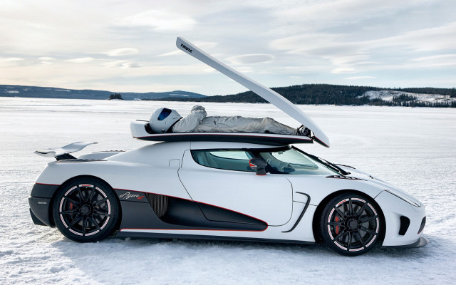 White sportscar surfboard snow lake free wallpaper for desktop - medium preview image