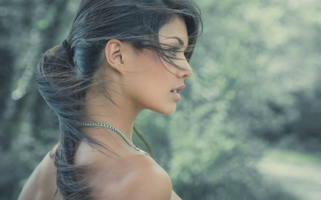 Woman long hair forest photorealistic free wallpaper for desktop - medium preview image