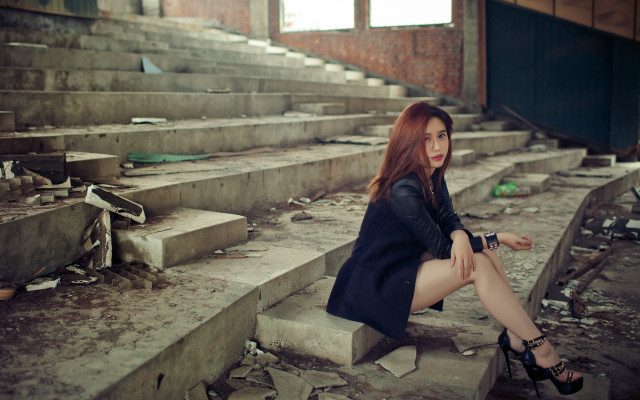 Woman sitting steps black dress free wallpaper for desktop - medium preview image