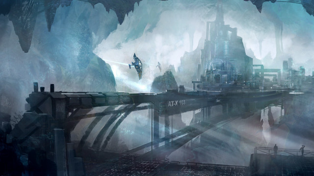 Futuristic city giant bridge waterfall free wallpaper for desktop - medium preview image