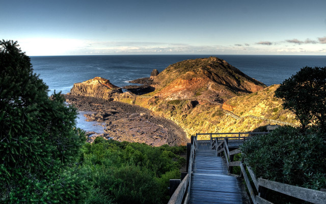 Stairway beach mountain water city free wallpaper for desktop - medium preview image