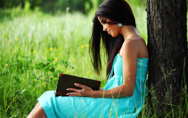 Woman blue dress sitting grass free wallpaper for desktop - medium preview image